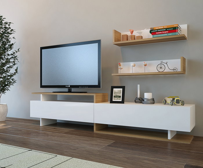 Hanah Home Ayaz Mueble de TV Blanco y Teca con Estantería de Pared Hanah Home Ayaz Mueble de TV Blanco y Teca con Estantería de Pared